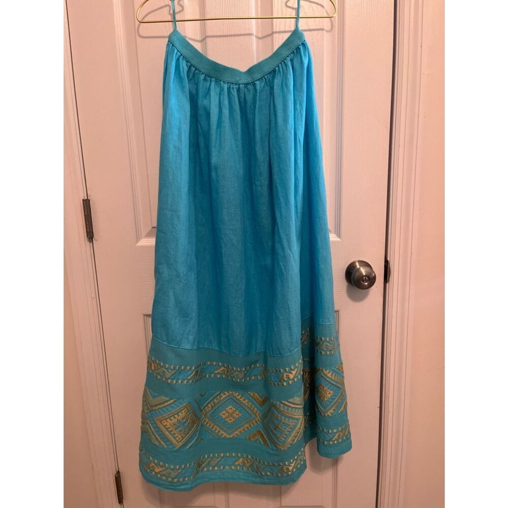 ✨ Haris Cotton Linen Skirt L Turquoise Gold Embroidered Greece Boho - Picture 6 of 9